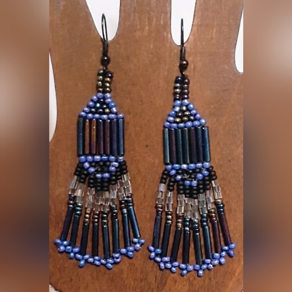 HANDMADE Blue & Black Iridescent Beaded Chandelier Fringe Dangle Earrings - Picture 3 of 7